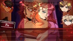 !? ... body_hair brown_hair caught caught_in_the_act caught_off_guard covering_mouth danganronpa danganronpa:_antebellum_lockdown danganronpa_antebellum danganronpa_antebellum_lockdown dilf embarrassed emilia_carmine_(danganronpa:_antebellum_lockdown) ezekiel_elias_(danganronpa:_antebellum_lockdown) fair_skin fanganronpa fu_wang_(danganronpa:_antebellum_lockdown) looking_at_viewer male/male male_only partially_clothed shinku_kutsuki_(danganronpa:_antebellum_lockdown) shocked_expression tan_skin text text_box yellow_eyes
