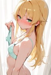 ai_generated angry_face blonde_hair blushing bra cute female female_only green_eyes holding_panties kilaqqq long_hair looking_at_viewer mushoku_tensei no_panties norn_greyrat panties slim small_breasts small_butt