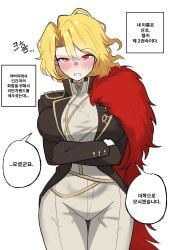 1girl at background blonde blush breasts bubble don_quixote_(limbus_company) eyes female female_only hair huge korean layer_(layer_illust) limbus_company looking project_moon sancho_(limbus_company) simple solo speech text viewer