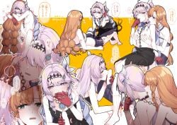 2girls bar_censor black_dress braid breasts censored closed_eyes closed_mouth commentary completely_nude dated denia_(wuthering_waves) dress fellatio futa_with_female futanari girl_on_top gloves grabbing_another's_breast green_eyes groping hair_intakes hair_ornament hand_up highres hug jouhou licking licking_another's_neck licking_penis light_censor long_hair looking_at_another lying medium_breasts multiple_braids multiple_girls multiple_views navel nipples nude off_shoulder on_back oral orange_hair penis pink_hair pointy_ears purple_shorts red_gloves sex shadow_hands shorts sigrika_(wuthering_waves) stomach straddling tears tears_from_one_eye translation_request twitter_username upright_straddle vaginal whispering_in_ear wuthering_waves