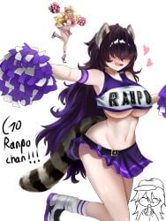 ashamed blush blushing blushing_female bungo_stray_dogs bungou_stray_dogs cheering cheerleader cheerleader_outfit cheerleader_uniform cheerleading_uniform edgar_allan_poe_(bungo_stray_dogs) edogawa_ranpo english_text fangirl female female_only genderbend genderbent genderswap genderswap_(mtf) hair_covering_eyes hair_over_eyes ibispaint kemonomimi miniskirt nosebleed pompoms purple_clothing purple_eyes purple_hair raccoon_ears raccoon_girl raccoon_tail ranpo_edogawa rule_63 shy shy_expression shy_smile skirt text two_females underboob underboob_cutout vanity2112 white_background yuri