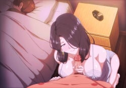 1girl 2boys aibanwork alarm_clock ayano_(the_married_woman_nextdoor_2) blush breasts brown_hair bull_pov censored clock earrings grabbing_another's_penis hair_over_one_eye handjob head_on_pillow indoors jewelry kneeling large_breasts lingerie looking_at_penis mature_female mosaic_censoring multiple_boys netorare nipples official_art on_bed penis pillow pov sleeping spaghetti_strap standing the_married_woman_nextdoor_2_-_creampie_sex_beside_her_husband third-party_source underwear