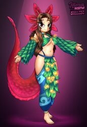 absurd_res amphibian aquatic arm_out axolotl axolotl_humanoid barefoot blue_cloth bottomwear clothed clothing dress feet female frill_(anatomy) glowberries hi_res hima_nsfw human hybrid leaf_clothing loincloth mammal midriff mole_salamander off_shoulder puffy_pants red_tail salamander sleeveless_clothing solo standing tail thigh_strap wide_sleeves