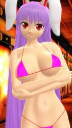 2025 3d arms_crossed_under_breasts big_breasts bikini breasts clavicle cleavage female female_only hati_yukkuri_mmd hips indoors kemonomimi light-skinned_female looking_at_viewer midriff mikumikudance mmd navel open_mouth pink_bikini rabbit_ears rabbit_humanoid red-eyed_female reisen_udongein_inaba swimsuit touhou waist