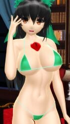 2025 3d big_breasts bikini black-haired_female books breasts brown-eyed_female clavicle cleavage female female_only green_bikini green_bowtie hati_yukkuri_mmd hell_raven hips indoors library long-haired_female looking_at_viewer midriff mikumikudance mmd navel one_arm_up open_mouth red_crystal solo_female swimsuit touhou utsuho_reiuji waist white-skinned_female youkai