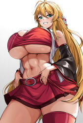 1girl abs belt blonde_hair blush breasts cleavage crop_top detached_sleeves female female_only gradient_background green_eyes grey_background grin hair_between_eyes hair_ornament highres huge_breasts long_hair looking_at_viewer navel red_shirt red_skirt red_thighhighs shirt sidelocks simple_background single_thighhigh skirt smile solo stomach stomach_day sweat tenneko_yuuri thick_thighs thighhighs thighs toned toned_female tsurumaki_maki underboob voiceroid white_background