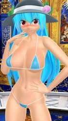 2025 3d angel big_breasts bikini blush breasts clavicle cleavage cyan-haired_female cyan_bikini female female_only hand_on_head hand_on_waist hat hati_yukkuri_mmd headwear hips indoors long-haired_female looking_at_viewer midriff mikumikudance mmd navel one_arm_up open_mouth red-eyed_female swimsuit tenshi_hinanawi touhou waist