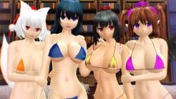 2025 3d big_breasts bikini black-haired_female blue-eyed_female blue-haired_female blue_bikini blush bookshelf breasts brown-haired_female clavicle cleavage female female_only hand_on_shoulder hand_on_waist hat hatate_himekaidou hati_yukkuri_mmd headwear hips holding_another's_arm holding_each_other iizunamaru_megumu indoors kemonomimi light_skin looking_at_viewer midriff mikumikudance mmd momiji_inubashiri multiple_girls navel open_mouth orange_bikini pointy_ears purple-eyed_female purple_bikini red_eyes shameimaru_aya short_hair smiling_at_viewer sofa swimsuit tail tengu tied_hair touhou twintails waist white-haired_female wings youkai