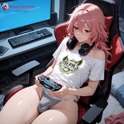 bulge precum pink_hair thick_thighs thick_ass gamer_girl panties small_breasts black_hair sad loser femboy trap otoko_no_ko flat_chest balls testicles ai_generated ilfb original original_character more_at_source highres high_resolution