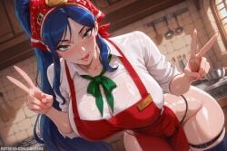 1girl 1girls ai_generated apron blue_hair blush blush_lines blushing breadsticks_irelia breasts clothed clothing female female_focus female_only girl green_eyes irelia_xan kitchen large_breasts league_of_legends licking licking_lips light-skinned_female light_skin lips long_hair makeup panties pants_down peace_sign riot_games solo solo_female solo_focus stable_diffusion the_grind_series thong uncensored wardens watermark