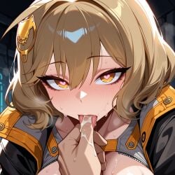 1boy 1girl ahoge ai_generated anis_(nikke) bangs black_jacket blush breasts brown_eyes brown_hair cat_hair_ornament clothing collarbone female goddess_of_victory:_nikke grey_shirt hair_between_eyes hair_ornament heart-shaped_pupils hetero jacket large_breasts licking_finger looking_at_viewer lunaart nikke nipples open_clothes open_jacket pov_hands saliva shirt short_hair solo_focus sweat symbol-shaped_pupils tongue tongue_out upper_body yellow_eyes