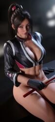 3d areola areola_slip areolae areolae_slip arms_behind_head arms_up between_breasts black_jacket bottomless breasts breasts_bigger_than_head capcom cropped_jacket fatal_fury fatal_fury:_city_of_the_wolves female female_only highres huge_breasts jacket king_of_fighters large_areolae mai_shiranui mai_shiranui_(city_of_the_wolves) navel nipple_stimulation nipple_tweak no_bra partially_unzipped ponytail smile snk solo steaming_body street_fighter street_fighter_6 sweat very_sweaty zipper