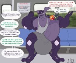 2023 5_fingers ambiguous_gender anthro big_penis boxers_(clothing) clothing cock_vore dialogue domestic_cat electronics english_text feet felid feline felis fingers generation_6_pokemon genitals greeting greninja group hi_res huge_penis hyper hyper_genitalia hyper_penis kiuhkobold kobold looking_at_object looking_at_phone male mammal membrane_(anatomy) multiple_prey muscular muscular_anthro muscular_male nintendo nipples penile penis phone pokemon pokemon_(species) purple_body purple_eyes purple_penis purple_skin scalie shirt sign signature speech_bubble tank_top text toes topwear train trio underwear vehicle vore webbed_feet yelling yoru_(retrodeadpool)