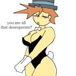 ass_shine big_breasts brown_hair bunny_tail bunnysuit curvy_figure dialogue forthylove gold_hoop_earrings medium_ass rule_63 speech thick_thighs top_hat tze_(roblox)