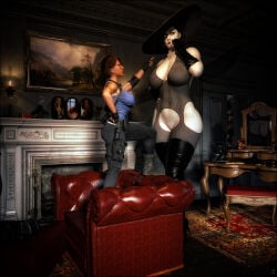 2girls 3d alcina_dimitrescu big_breasts breasts capcom effectively_nude exgemini female jill_valentine mesh mesh_clothing nipples nipples_visible_through_clothing pussy resident_evil size_difference