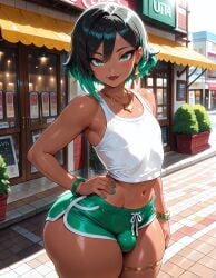 1boy 1femboy 2025 ai_generated alternate_version_available ass balls belly big_ass blush brown_lips brown_lipstick crossdressing dark-skinned_femboy dark-skinned_male dark-skinned_sissy dark_skin day earrings eyebrows eyelashes femboy feminine_male girly goldybo green_eyes green_hair green_nail_polish green_nails green_shorts hand_on_own_wais hand_on_waist hourglass_figure hourglass_figured_femboy jewelry lips lipstick looking_at_viewer nail_polish navel original outdoors outside shorts solo standing tank_top testicles thick_thighs thighs trap wide_hips