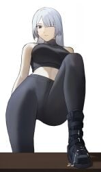 1girl abs absurdres ak-15_(girls'_frontline) artificial_eye bare_shoulders black_boots black_pants black_shirt blunt_bangs boots breasts commentary covered_collarbone crop_top cum cum_on_body cum_on_feet feet_focus female female_only foot_fetish foot_on_table girls'_frontline girls'_frontline_2:_exilium grey_hair hair_between_eyes hair_over_one_eye highres large_breasts long_hair looking_at_viewer lynx_aidenn mechanical_eyes midriff pants parted_lips purple_eyes red_pupils shadow shirt sidelocks simple_background single_mechanical_eye sleeveless sleeveless_shirt solo standing table turtleneck turtleneck_shirt variant_set voymastina_(girls'_frontline_2) white_background