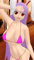 2025 3d big_breasts bikini bird's-eye_view breasts cleavage female female_only hand_on_head hati_yukkuri_mmd hips indoors kemonomimi light-skinned_female long-haired_female looking_at_viewer mikumikudance mmd navel one_arm_up open_mouth pink_bikini purple-haired_female rabbit_ears rabbit_humanoid red-eyed_female reisen_udongein_inaba swimsuit touhou waist wooden_floor