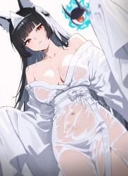 1girl absurdres animal_ear_fluff animal_ears black_hair blunt_bangs braid breasts breasts_apart collarbone commentary female female_only fox_ears fox_girl from_below grey_background half_up_braid halloween_costume hands_up highres hoshimi_miyabi large_breasts long_hair long_sleeves looking_at_viewer looking_down navel nvl off_shoulder parted_lips red_eyes robe simple_background solo tailless_(zenless_zone_zero) wet white_robe zenless_zone_zero