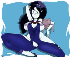 2014 adventure_time arm_behind_head bare_shoulders black_eyes black_hair blush breasts female grey_impact grey_skin hambo large_breasts long_hair marceline narrow_waist nipples plush pointy_ears pussy raised_arm suspenders unzipped vampire