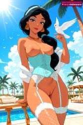 1girl ai_assisted ai_generated aladdin_(1992_disney_film) bird black_hair blue_sky breasts brown_eyes cloud corset dark-skinned_female dark_skin day disney disney_princess earrings female female_only fishnet_thighhighs fishnets garter_belt hairband jasmine_(aladdin) jewelry lips long_hair looking_at_viewer makeup medium_breasts necklace nipples ocean outdoors palm_tree princess princess_jasmine pussy royalty sky smile solo stelmazura sunlight table thighhighs tree uncensored