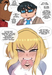 1girls 2boys absurd_res black_hair blonde_hair blue_eyes blush clark_kent clark_kent_(my_adventures_with_superman) dark-skinned_male dark_skin dc dc_comics dialogue english_text eyelashes female funny glasses heavy_blush jimmy_olsen jimmy_olsen_(my_adventures_with_superman) kara_zor-el light-skinned_female light-skinned_male light_skin looking_at_viewer male my_adventures_with_superman narrowed_eyes naughty_face purple_eyes saltyxodium smiling smiling_at_viewer speech_bubble supergirl supergirl_(my_adventures_with_superman) superman_(series) tongue_out white_background