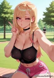 1boy 1girl 2026 ai_generated anime bangs black_choker blonde_hair blush boobs breasts choker cleavage covered_nipples crop_top crossover day dolphin_shorts ear_piercing earrings exposed_nipples eye_contact female female_focus flushed highres huge_breasts jewelry kitagawa_marin large_breasts long_hair looking_at_viewer male marin_kitagawa midriff multicolored_hair my_dress_up_darling nail_polish navel nipples nsfw one_eye_closed outdoors patreon piercing pink_eyes pink_nails puckered_lips red_eyes rognezart see-through selfie short_shorts shorts sitting solo solo_focus sono_bisque_doll_wa_koi_wo_suru sweat sweaty tree v very_long_hair