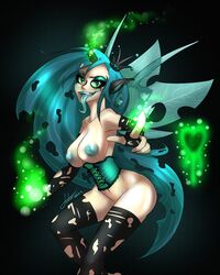 animal_ears aqua_hair aura black_gloves black_legwear breasts corset crown elbow_gloves eyelashes eyeshadow fangs female forked_tongue friendship_is_magic gloves glowing green_eyes heart horn horse_ears human humanized index_finger_raised insect_wings inverted_nipples long_hair long_tongue makeup mrfatcakes my_little_pony navel nipples open_mouth personification queen_chrysalis_(mlp) slit_pupils smooth_skin solo standing thighhighs tongue torn_clothes torn_gloves torn_thighhighs very_long_hair wings