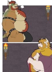 2boys absurdres anthro armlet asgore_dreemurr bara beard belly biceps black_male_underwear blonde_hair bowser bracelet cape chest_hair commentary crossover eastern_and_western_character english_commentary facial_hair fangs fat fat_belly fat_male furry furry_male furry_only goat_horns highres horns jewelry jockstrap koopa looking_to_the_side male male/nipples male_focus male_only male_underwear mammal mario_(series) multiple_boys nintendo nipples obese obese_male ookii open_mouth overweight overweight_male pectorals plump puff_of_air purple_cape purple_male_underwear red_hair reptile spiked_armlet spiked_bracelet spiked_shell spikes stomach_hair torch undertale undertale_(series) underwear utdr_(toby_fox)
