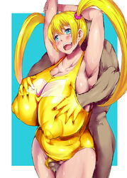 1boy armpit arms_up blonde_hair blue_eyes blush breast_grab breasts censored dark-skinned_male dark_skin erect_nipples erect_nipples_under_clothes female gigantic_breasts highres huge_breasts huge_nipples long_hair long_twintails male mosaic_censoring mozu-k mozuku_(djpw) nipples open_mouth original outercourse penis puffy_nipples shiny swimsuit thigh_sex tied_hair twintails wide_hips