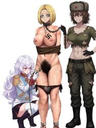 3girls ai_generated alpha_1918 azov_chan b1-517 bare_arms bare_legs big_breasts black_hair black_panties blonde_hair blush bondage breasts bulge bushy_pubes clothes_writing clothing collar completely_nude crossed_legs excessive_pubic_hair female female_only hair_clipper haircut hairy_pussy humiliation large_breasts lesbian_domination long_hair looking_at_viewer marichka matching_hair/eyes mature_female military_uniform no_bra nude original panties_pulled_down pubic_hair pubic_hair_peek red_eyes ropes russian russian_female russian_girl russo-ukrainian_war shaving shaving_pussy short_hair sophie_(b1-517) swastika tagme thick_pubes thighs tied_up ukrainian ukrainian_girl unshaved_pussy white_hair