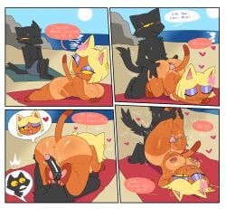 animal_ears anus areola beach belly big_breasts big_butt black_body black_ears black_fur black_penis blonde_hair blue_mascara blush blush_lines bodily_fluids border breasts brown_areola brown_nipples butt cat_tail comic cum cum_on_breasts cum_on_face cum_on_ground cum_on_leg d: dialogue duo ejaculation felid feline female flower_hair_accessory fur genital_fluids genitals green_towel hair heart_reaction hi_res hot_dogging lying male male/female mammal mole_under_eye motion_lines multiple_scenes navel nipples nude on_back on_front open_mouth orange_anus orange_body orange_breasts orange_fur orange_vulva outaide paw_job pawpads paws penis pink_pawpads precum pupils red_towel sand sea sex short_hair sitting slit_pupils snazzle_snapp speech_bubble sun suntan sweat sweaty_face tan_line thigh_sex towel tremble_lines vaginal_fluids vaginal_fluids_on_leg vulva water white_border yellow_ears yellow_eyes