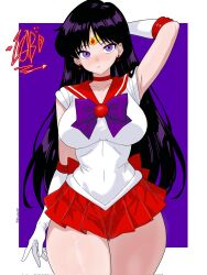 1girl alternate_breast_size_(larger) arm_behind_head artist_logo artist_name bishoujo_senshi_sailor_moon black_hair border bow bowtie breasts brooch choker commentary covered_navel cowboy_shot drawlab33t dress earrings elbow_gloves female female_only gloves highres jewelry large_breasts logo long_hair miniskirt purple_background purple_bow red_choker red_skirt sailor_collar sailor_mars sailor_senshi_uniform skirt sleeveless sleeveless_dress tiara white_border