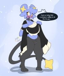 2026 anthro black_body black_fur blue_body blue_fur blush breasts collar dialogue digital_media_(artwork) digitigrade embarrassed english_text female fur generation_4_pokemon genitals hi_res looking_aside maynara nintendo open_mouth pokemon pokemon_(species) presenting presenting_vulva shinx simple_background solo sparkles standing tail text vulva yellow_eyes