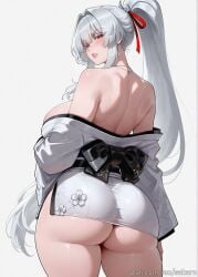 1girls ai_generated ass back bangs bare_shoulders blush bow breasts female female_only from_behind grey_hair hair_ribbon high_ponytail hiyuki_(wuthering_waves) japanese_clothes kimono large_breasts long_hair looking_at_viewer looking_back obi off_shoulder parted_lips ponytail red_eyes ribbon sakaro sash sidelocks simple_background solo thick_thighs thighs very_long_hair white_background white_hair white_kimono wuthering_waves