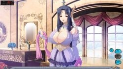 1girls castle castle_background castle_interior cleavage clothed_female curtains dark_blue_hair enormous_breasts female female_only flower game_cg giant_breasts gigantic_breasts huge_breasts hyper_breasts kyonyuu_fantasy married_female massive_breasts mature_female mirror open_eyes open_mouth pool portrait_(object) rokusaanu_do_dejiiru roxanne_de_desir super_breasts waffle_(company) wife window