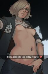 1girls biohazard blonde_hair breasts_out capcom caption check_character djcomps english english_text fbi_badge female female_focus female_only female_torso fizzz glasses grace_ashcroft grace_ashcroft_(julia_pratt) high_resolution highres light-skinned_female light_skin looking_at_viewer medium_breasts presenting presenting_breasts resident_evil resident_evil_9:_requiem selfie simple_background small_breasts solo solo_female tagme taking_picture taking_selfie text watch wristwatch