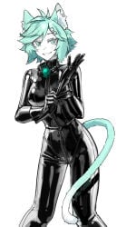 1girl black_bodysuit black_gloves black_latex bodysuit cat_girl female female_only gag genieko gloves green_hair happy highres jpg latex latex_bodysuit latex_gloves limited_palette looking_at_viewer original putting_on_gloves shiny_clothes smile tail