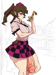 1futa 2d alternate_version_available big_breasts big_penis breasts brown_eyes brown_hair checkered_skirt closed_mouth clothed clothed_futa eddybird erect_nipples erection exposed_penis expressionless futa_only futanari hair_bow hand_under_breasts hatate_himekaidou himekaidou_hatate holding_phone huge_penis hyper_penis light-skinned_futa looking_at_phone motion_lines necktie outdoors penis phone phone_charm pointy_ears puffy_short_sleeves purple_nail_polish purple_nails semi-erect shirt side_view sideass simple_background skirt slave_handles solo solo_focus source standing tengu thick_thighs tied_hair tokin_hat touhou twintails twitching twitching_penis typing