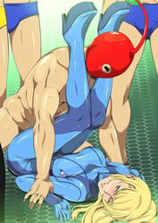 1girls 4boys blonde_hair blush bodysuit breasts female green_eyes gureko_rouman high_heels highres human implied_sex large_breasts legs legs_up long_hair lying male mask metroid nintendo pikmin pikmin_(cosplay) ponytail rape red_pikmin samus_aran sex smile speedo standing straight sweat thighs tied_hair underwear vaginal_penetration wince zero_suit zero_suit_samus