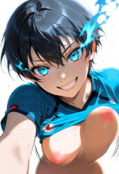 ai ai-created ai_art ai_generated big_breasts black_hair blue_eyes blue_lock curvy_body curvy_female curvy_figure cute_face cute_female cute_girl female female_focus female_only genderswap isagi_yoichi nipples nipples_visible_through_clothing pink_nipples rule_63 soccer_uniform unknown_artist wide_hips wide_thighs