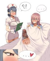 1futa 1girls bed big_penis bra_visible_through_clothes censored clipboard eggcandy embarrassed erection erection_under_sheets futa_with_female futanari hospital huge_cock nurse penis precum short_skirt surprised tight_clothing trembling veiny_penis white_gloves x-ray