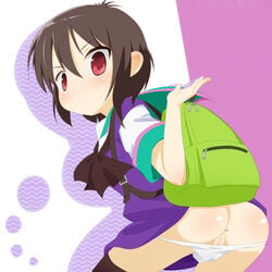 a_channel anus ass backpack bag black_legwear blush brown_hair cello_(20000) female female_only human looking_back panties pussy red_eyes short_hair solo thighhighs thighs tooru_ichii uncensored