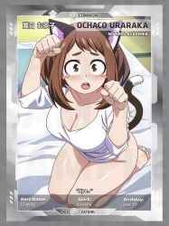 1girls ai_generated animal_ears barefoot blue-senpai blush boku_no_hero_academia breasts brown-haired_female brown_eyes brown_hair card_(medium) cat_ears cat_tail cleavage english_text female large_breasts looking_at_viewer master mentioned_master my_hero_academia ochako_uraraka open_mouth paw_pose seiza shirt sitting solo tail tears uraraka_ochako