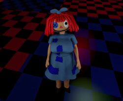 annie_(duffyfilmz) ragatha ragatha_(the_amazing_digital_circus) ragatha_(tadc) ragdoll female female_only 3d 3d_(artwork) 1_eye button_eye big_breasts thick_thighs nipple_bulge red_hair smile analog_horror rag_doll smiling_at_viewer the_amazing_digital_circus wide_hips bow horror blue_dress