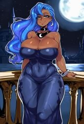 1girls 2d ai_generated beautiful big_breasts female female_focus female_only friendship_is_magic hi_res hibiki120 huge_breasts human humanization humanized large_breasts dark-skinned_female long_hair my_little_pony my_little_pony_friendship_is_magic smile solo standing thicc thick_thighs wide_hips mature_female taller_female blue_eyes princess goddess mommy blue_dress blue_hair elegant fancy fancy_clothing balcony night night_sky moon moonlight princess_luna_(mlp)