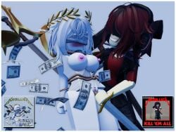 2girls absurd_res absurdres album_cover album_reference areola areolae artist_name balance_scale biting_lip blindfold blindfolded blush blushing bondage bottomless bow breasts breasts_out grin headphones highres improvised_dildo improvised_sex_toy imskip_(artist) leather_jacket lesbian lesbian_sex lip_biting looking_at_another looking_at_partner masturbating masturbation metallica money pale-skinned_female pale_skin pink_nipples pussy pussy_juice pussy_juice_drip red_hair robe roblox roblox_avatar robloxian rope rope_bondage self_upload simple_background smile sweat sweatdrop sweating sword toga vaginal vaginal_insertion vaginal_penetration white_background white_hair white_skin wreath yuri
