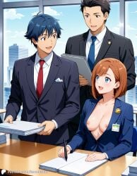 1girls 2boys ai_generated braless breasts business_suit casual casual_nudity cityscape cleavage encoder female indoors male nipples no_bra office office_clothing office_lady partially_clothed partially_nude public