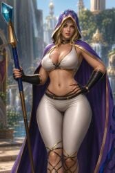 1girls ai_generated belly_button blonde_hair blue_eyes blurry_background busty chatgpt choker cleavage cloak criss-cross_straps eyelashes fantasy fantasy_world female female_only hand_on_hip holding_staff holding_weapon hooded_cloak hourglass_figure human_(warcraft) jaina_proudmoore large_breasts leggings light-skinned_female long_gloves looking_at_viewer loose_hair mage medium_hair midriff narrow_waist one_hand_on_hip realistic rgomez007 seductive_look self_upload sleeveless slight_smile solo_female sorceress staff standing thick_thighs warcraft warcraft_3 wide_hips