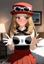 1girl blue_eyes blurry blush eyewear_on_head eyewear_on_headwear hat holding holding_clothes holding_panties holding_underwear long_hair outstretched_hand palms panties panties_removed pleated_skirt skirt spread_fingers sunglasses underwear waving pokemon serena_(pokemon) serena_(pokemon_games) nintendo game_freak pokemon_xy sunori ai_generated